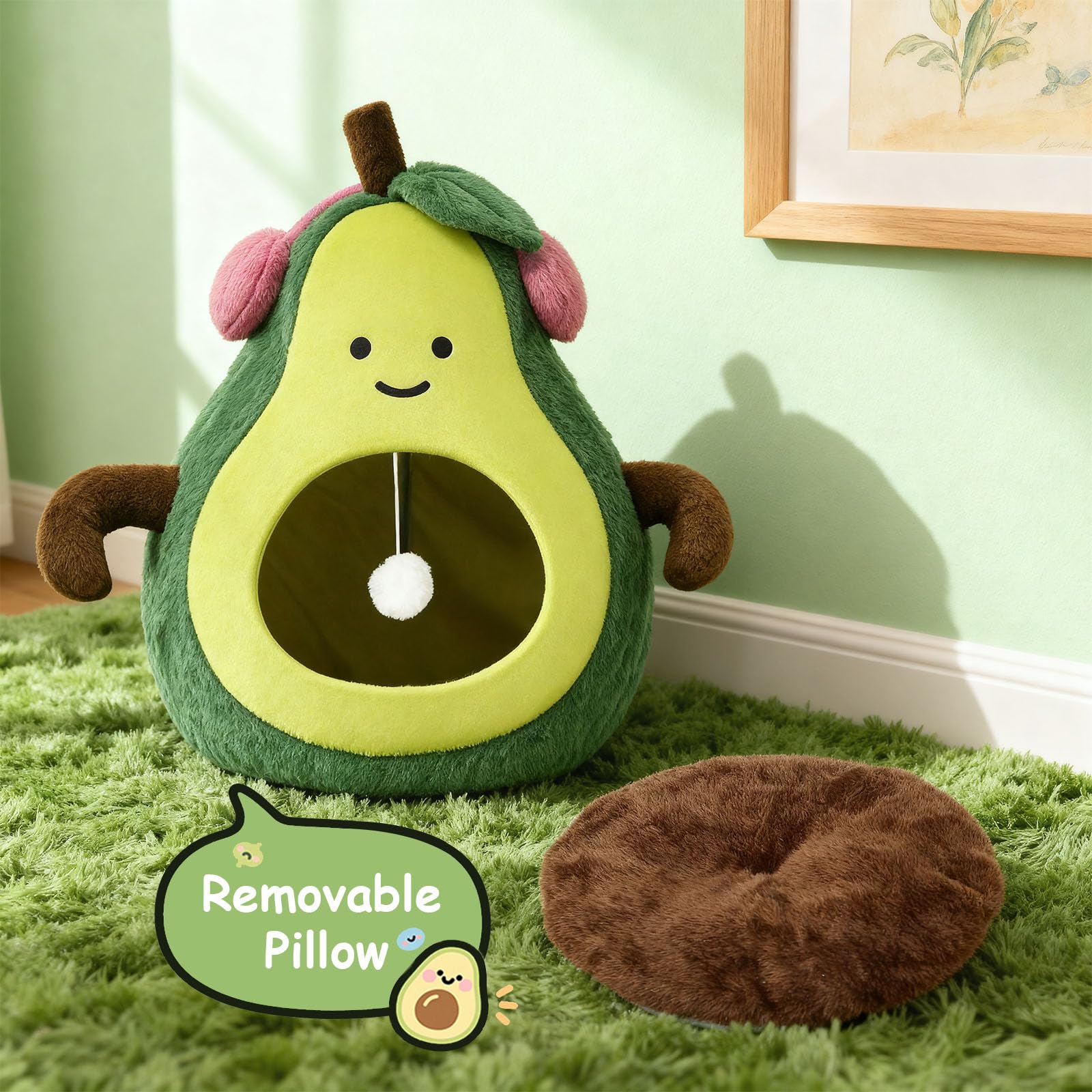 MOYMO avocado cat bed transforms from cave to flat nap space.