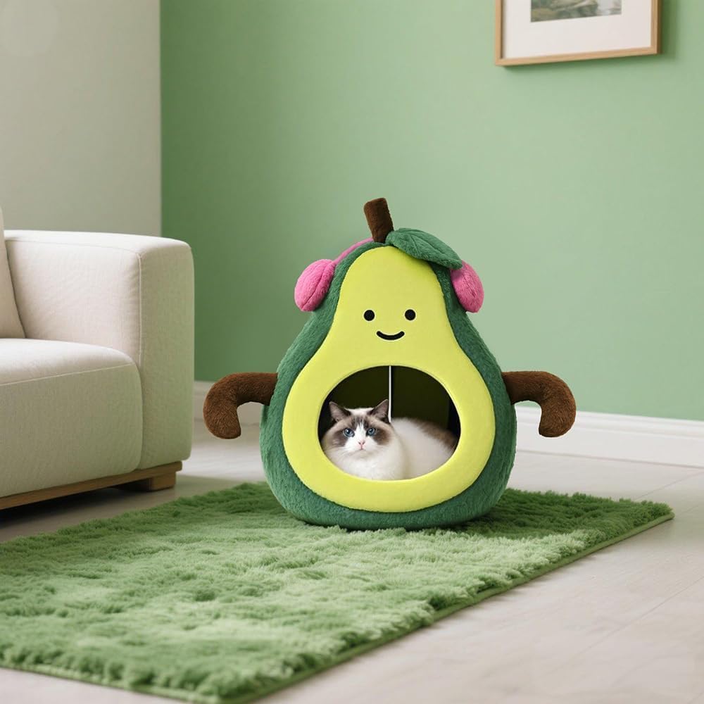 MOYMO avocado cat bed interior with dangling ball, inviting daily enrichment.