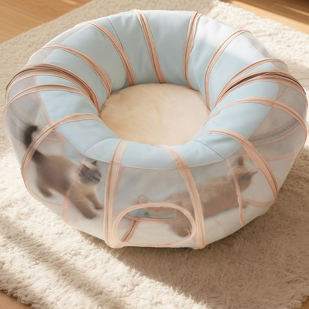MOYMO Cat Tunnel with dangling wand encourages pouncing and batting games