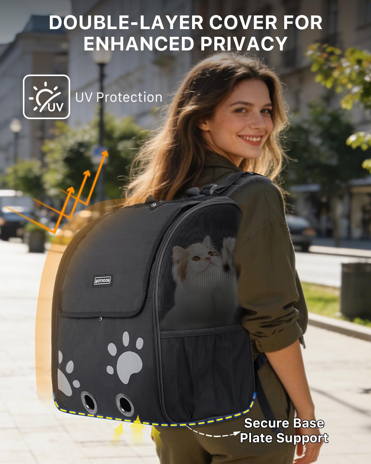 Moysoon cat backpack side-mesh-pockets provide quick access to essentials.