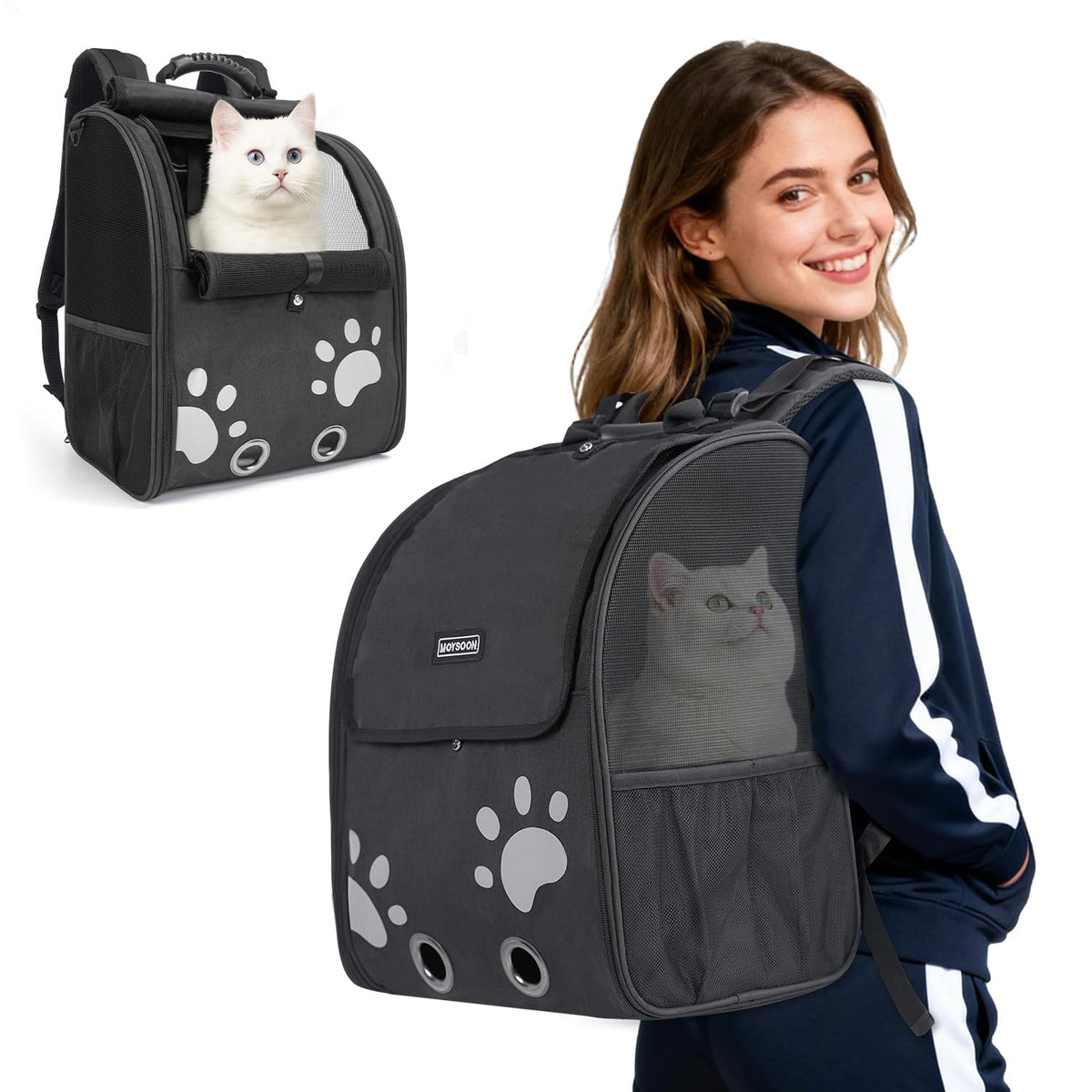 Moysoon cat backpack ventilated-mesh-panels for breathable pet comfort.
