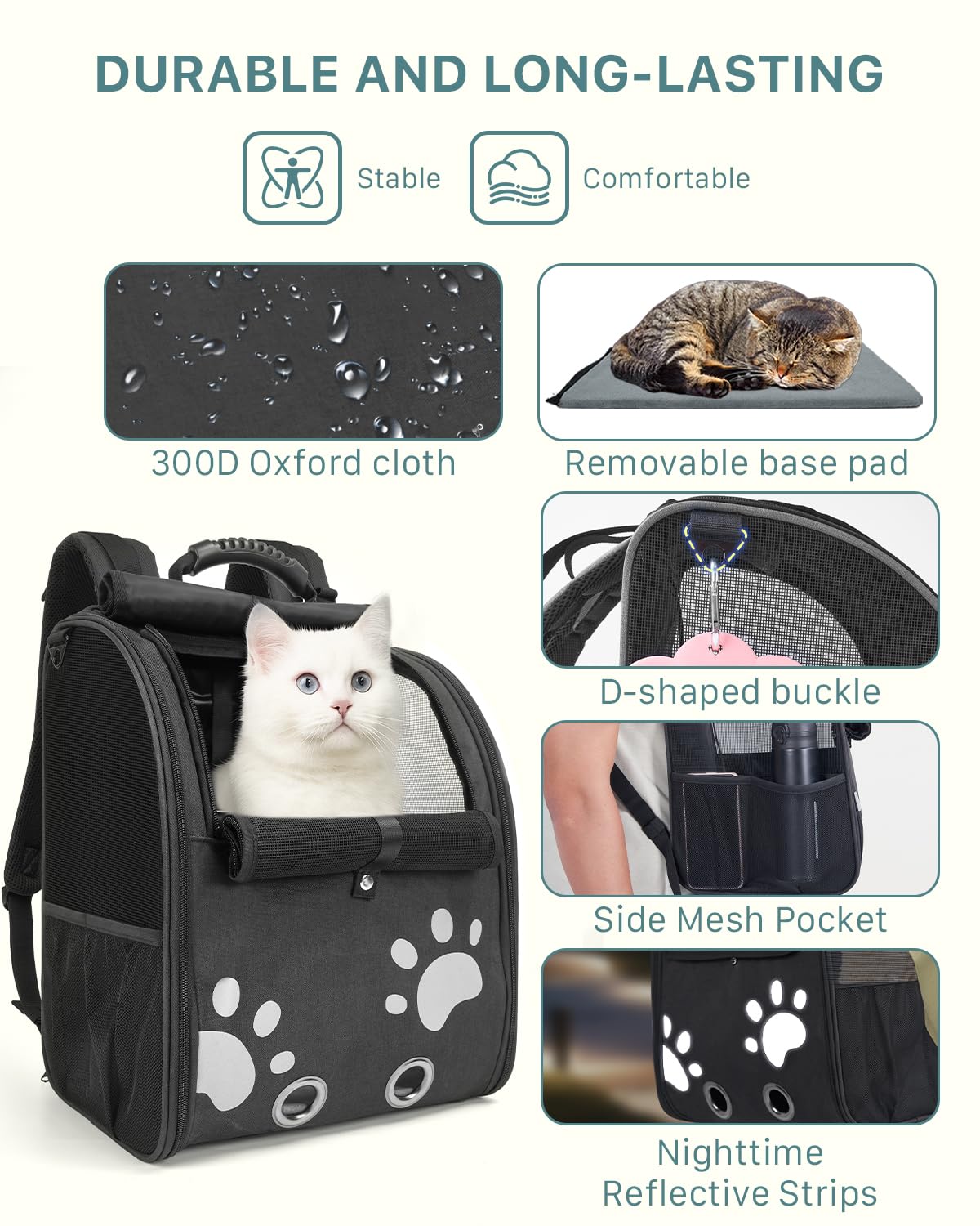 Moysoon cat backpack wide-interior-space accommodates sitting or lying pets.