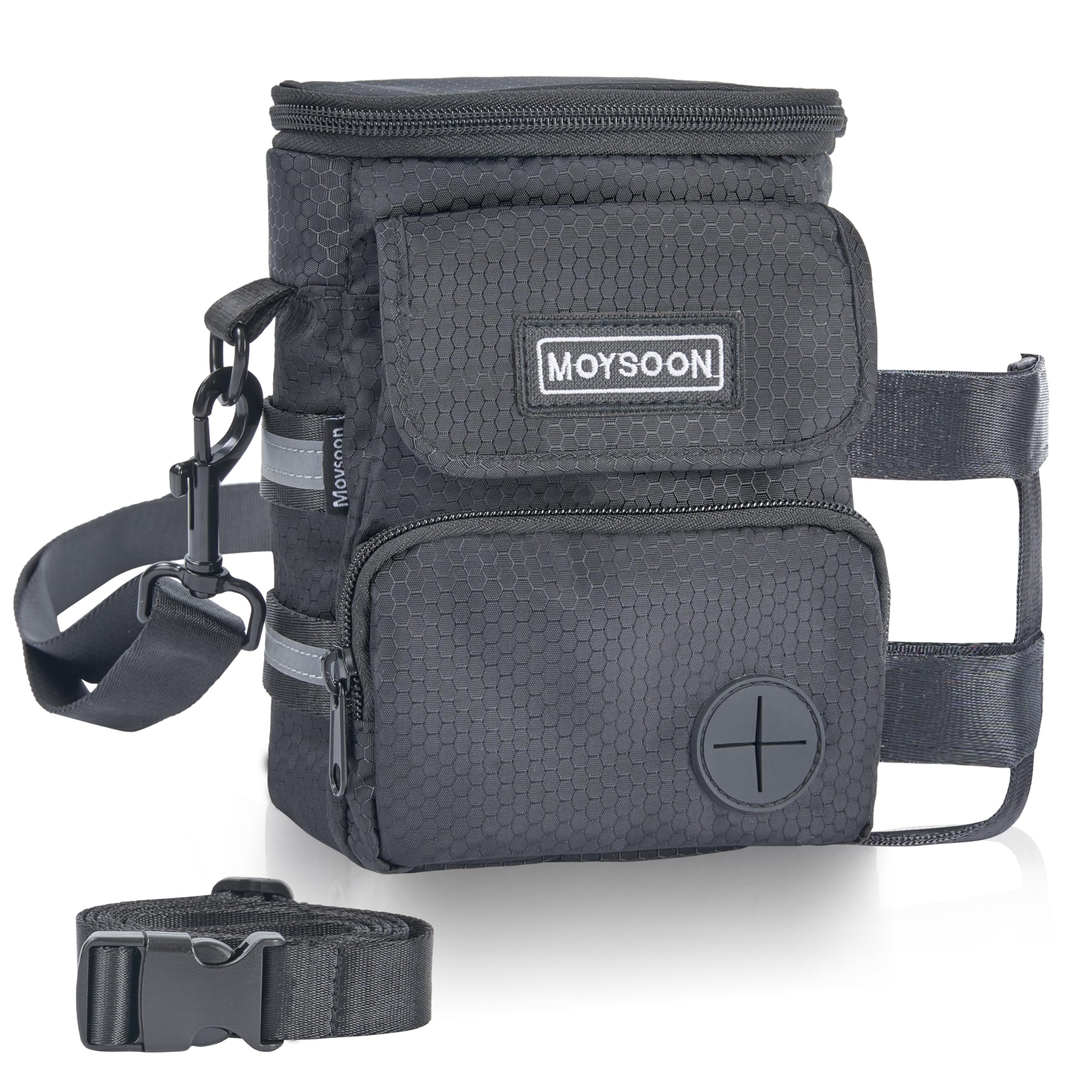 Moysoon dog training treat pouch waist belt clip offers hands-free walking.