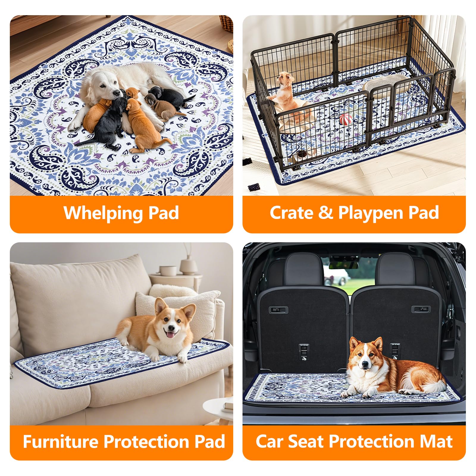 Mozin multi-purpose dog pad suits crates, playpens, beds, and car seats.