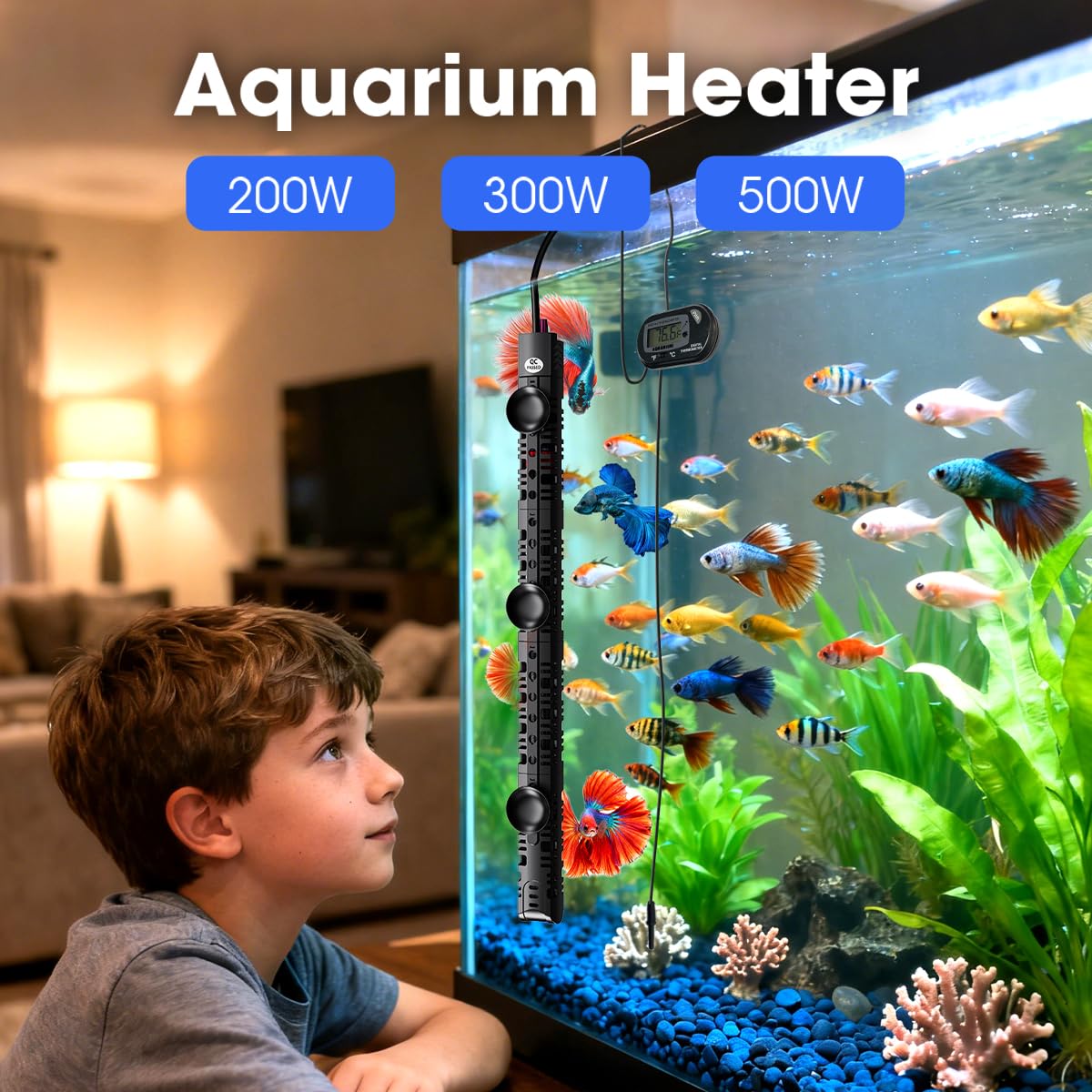 MQ submersible heater dial temperature adjustment highlights precise 68–94F control.