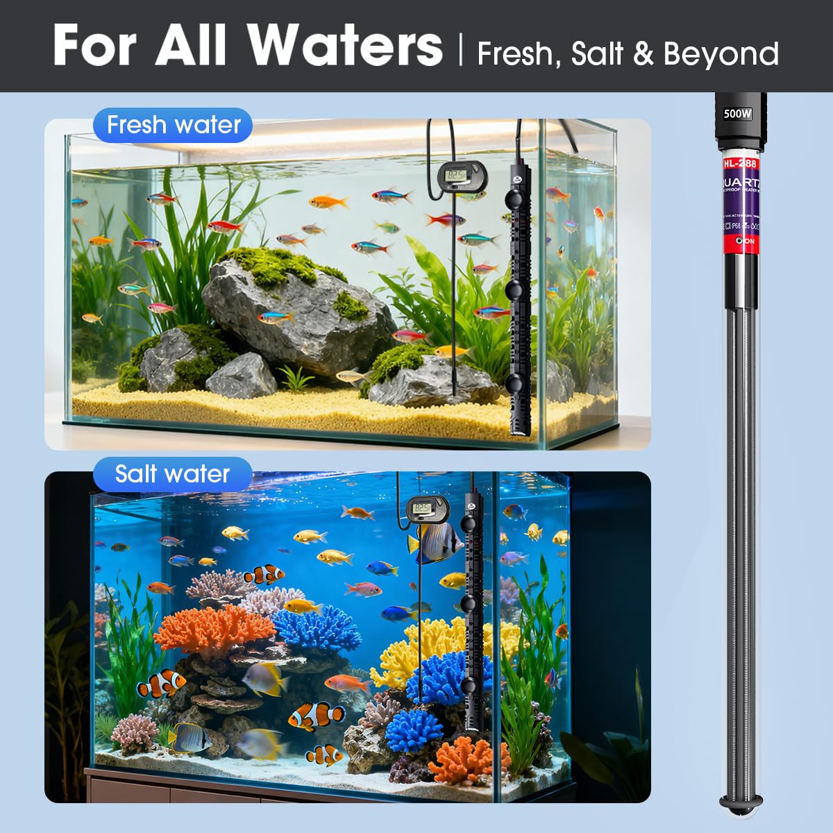 MQ submersible heater in-tank view shows seamless integration in clear glass or acrylic tanks.