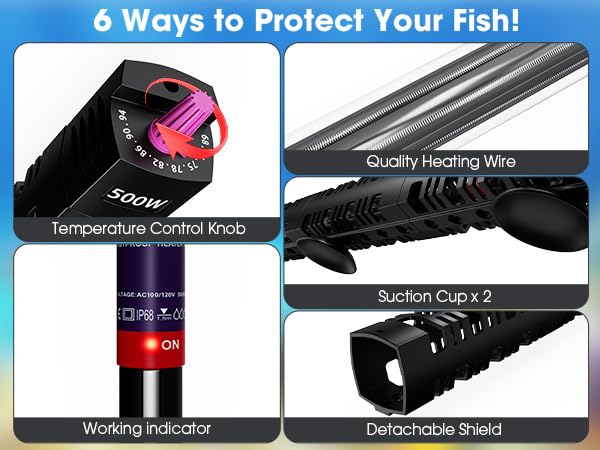 MQ submersible heater safety shield shows built-in protection for tank safety.