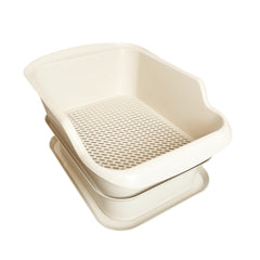 Mr. Catman cat-sifting litter box front-edge scoop-handle for easy one-handed scooping.