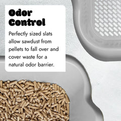 Mr Catman sifter pan front edge handle image illustrates one-handed scooping convenience