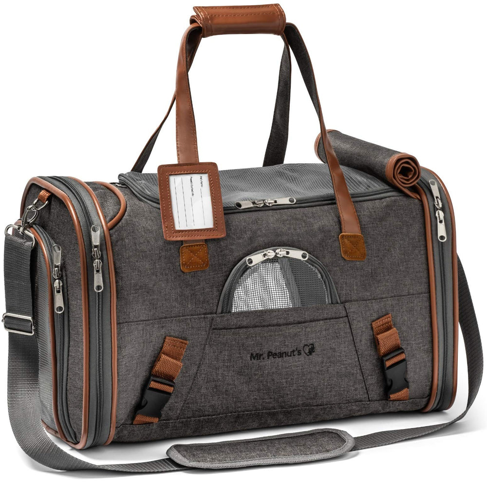 Mr. Peanut's airline-approved soft-sided carrier, front view, under-seat travel ready