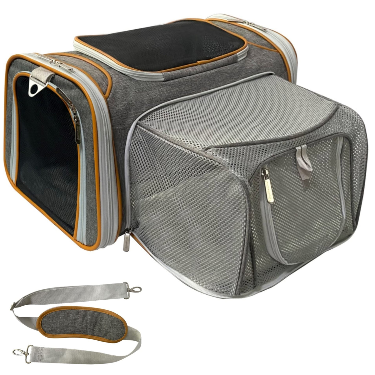 Mr. Peanut's airline carrier front view demonstrates compact in-cabin fit with expandable space for pets.