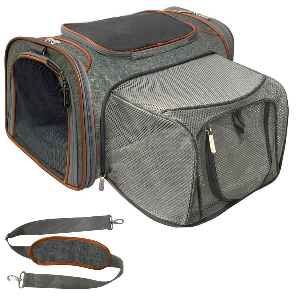 Mr. Peanut's expandable airline pet carrier front view shows under-seat travel-friendly design.
