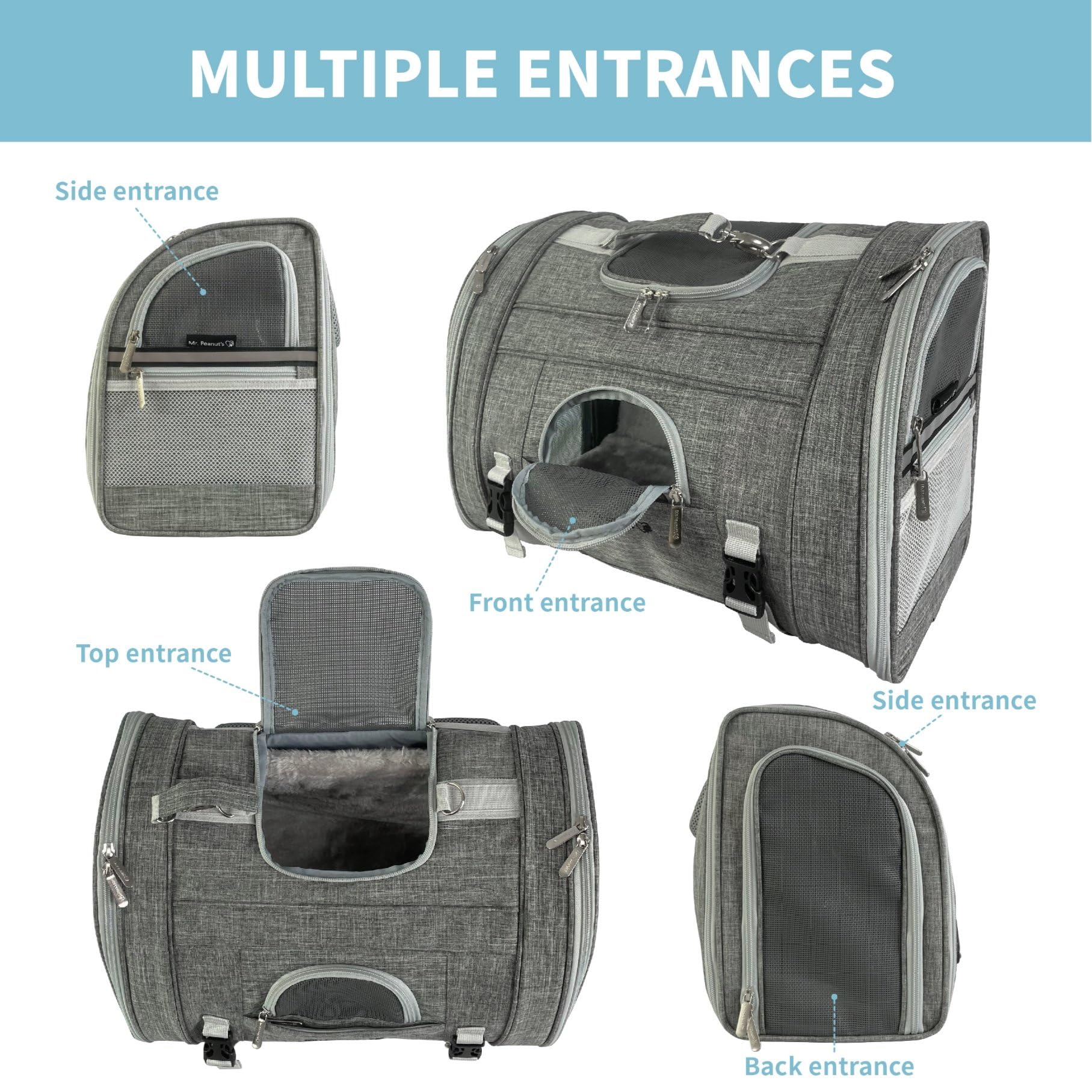 Mr. Peanut's Monterey Lavender carrier with leash tether and storage pockets for safe trips.
