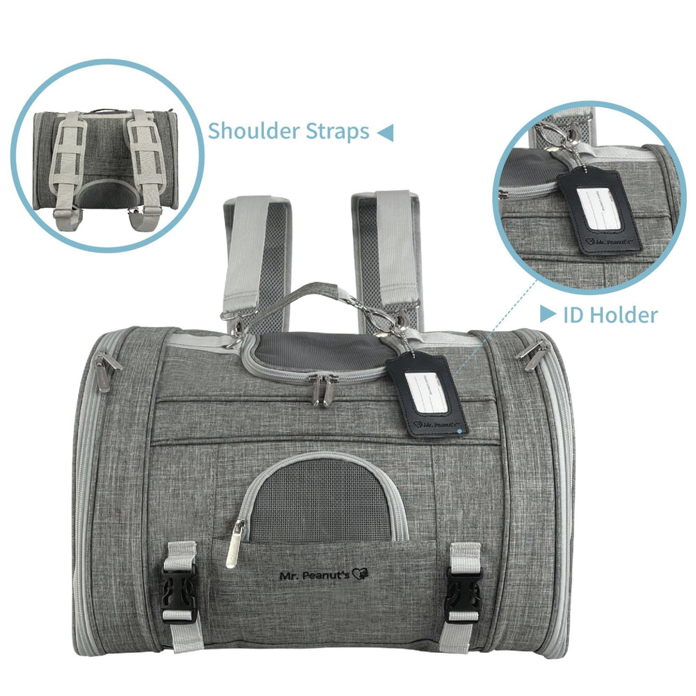 Mr. Peanut's Monterey blue frameless top compresses for airline cabin flexibility.