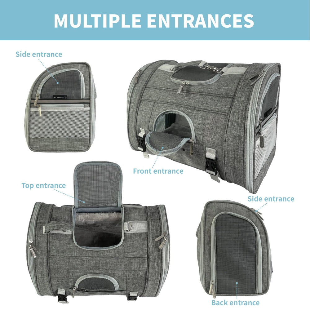 Mr. Peanut's Monterey blue self-locking zippers enhance safety during transport.