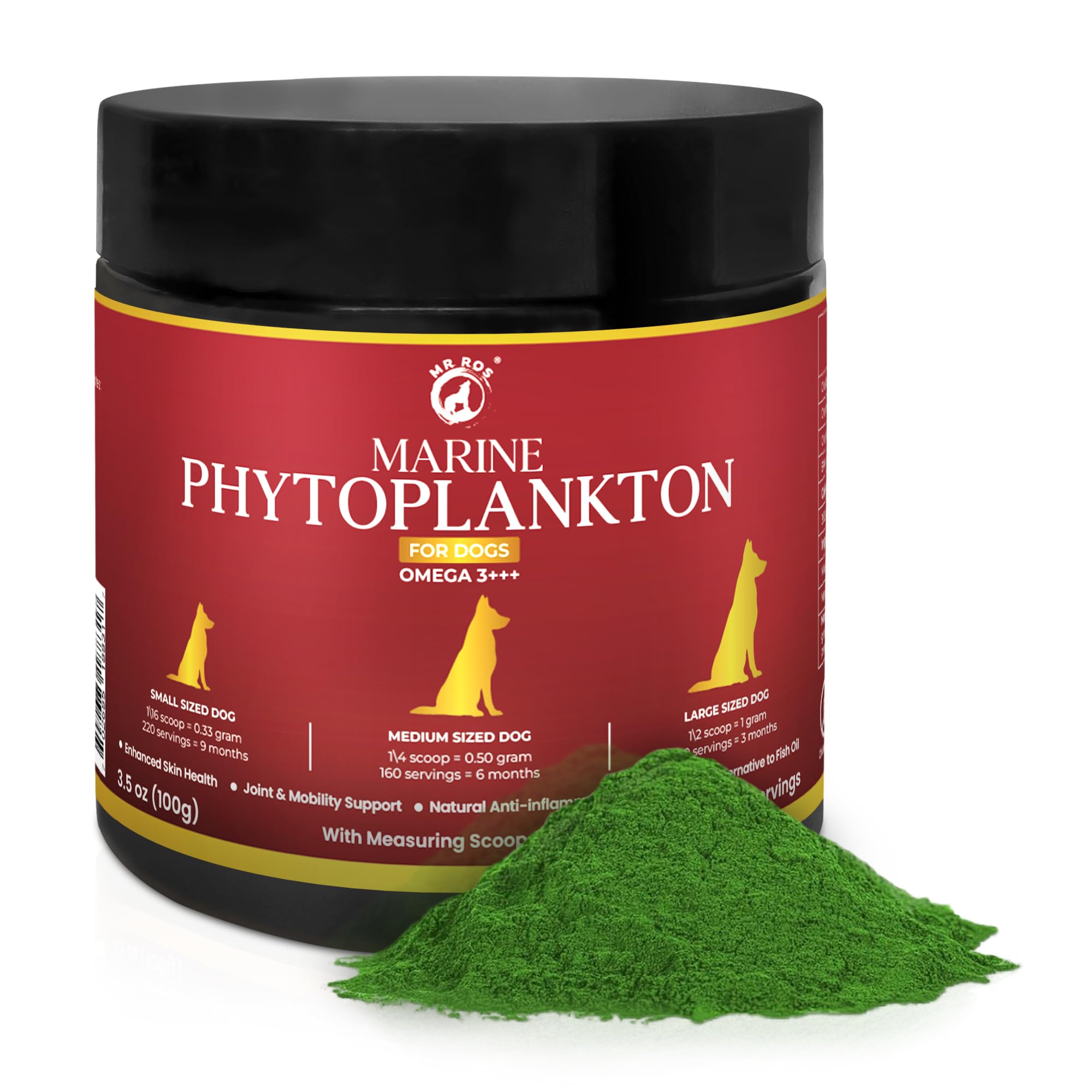 Mr Ros marine phytoplankton powder bottle for dogs supports daily vitality.