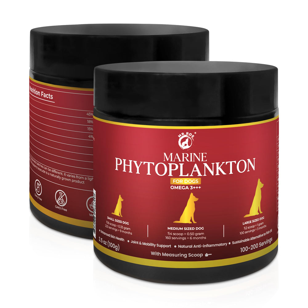 Mr Ros marine phytoplankton powder shown with a dog bowl for easy mixing.