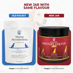 Mr Ros marine phytoplankton powder jar showcases pure dog nutrition for growth.