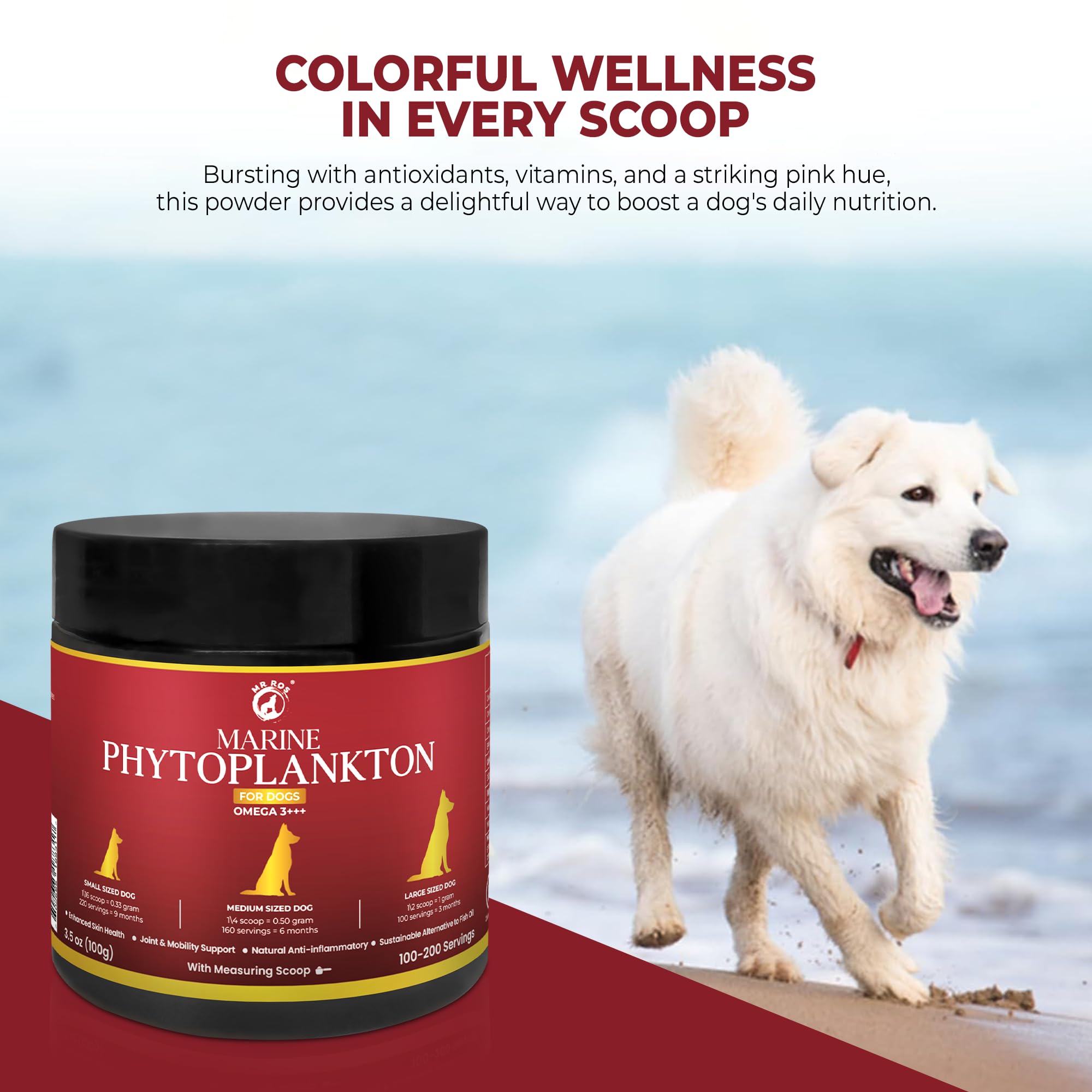 Mr Ros pure marine phytoplankton powder for dogs offers clean nutrition.