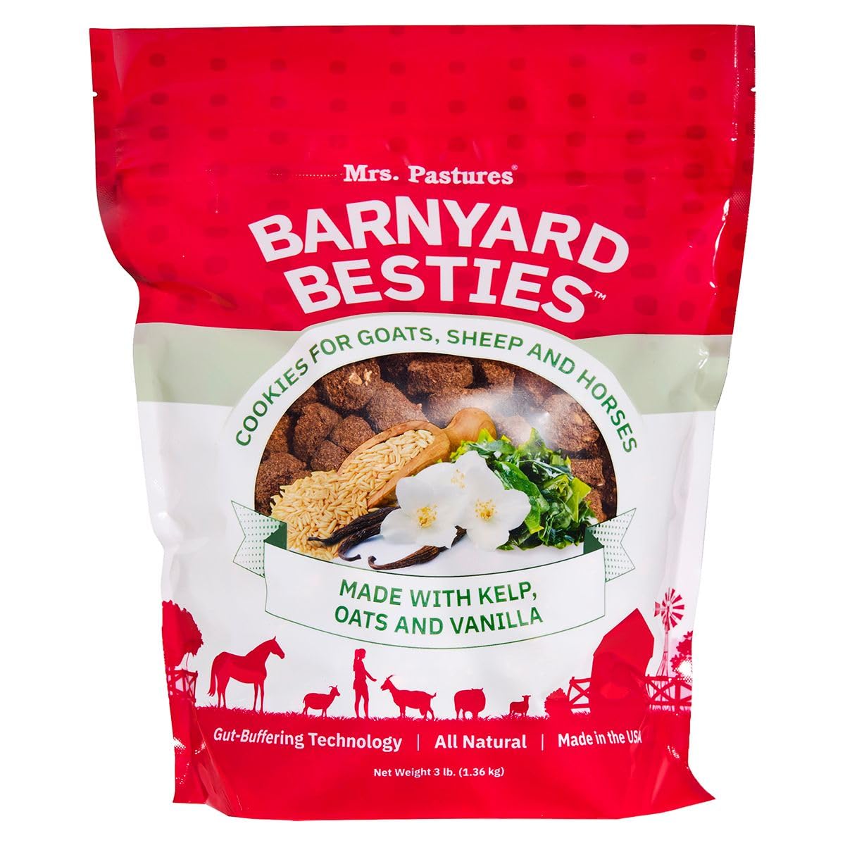 Mrs. Pastures Barnyard Besties treat pack offers tasty rewards for goats, sheep, and horses during training.