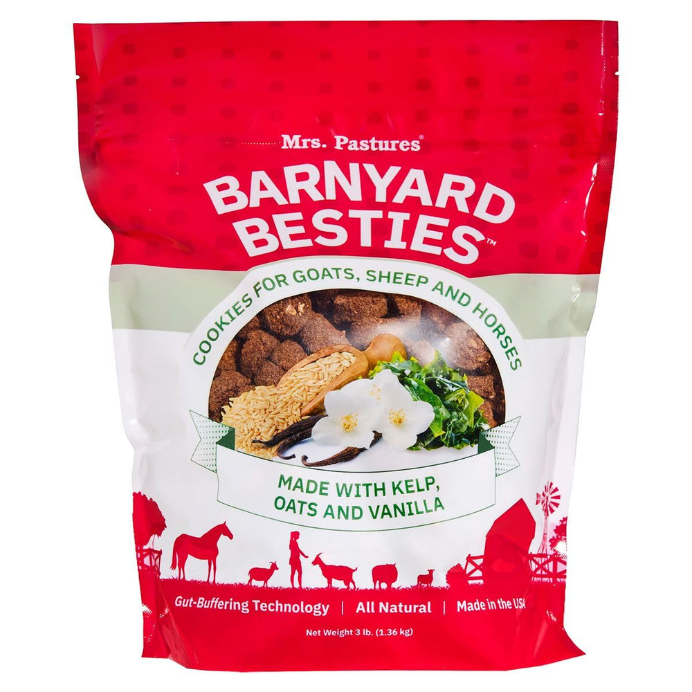 Mrs. Pastures Barnyard Besties treat pack offers tasty rewards for goats, sheep, and horses during training.