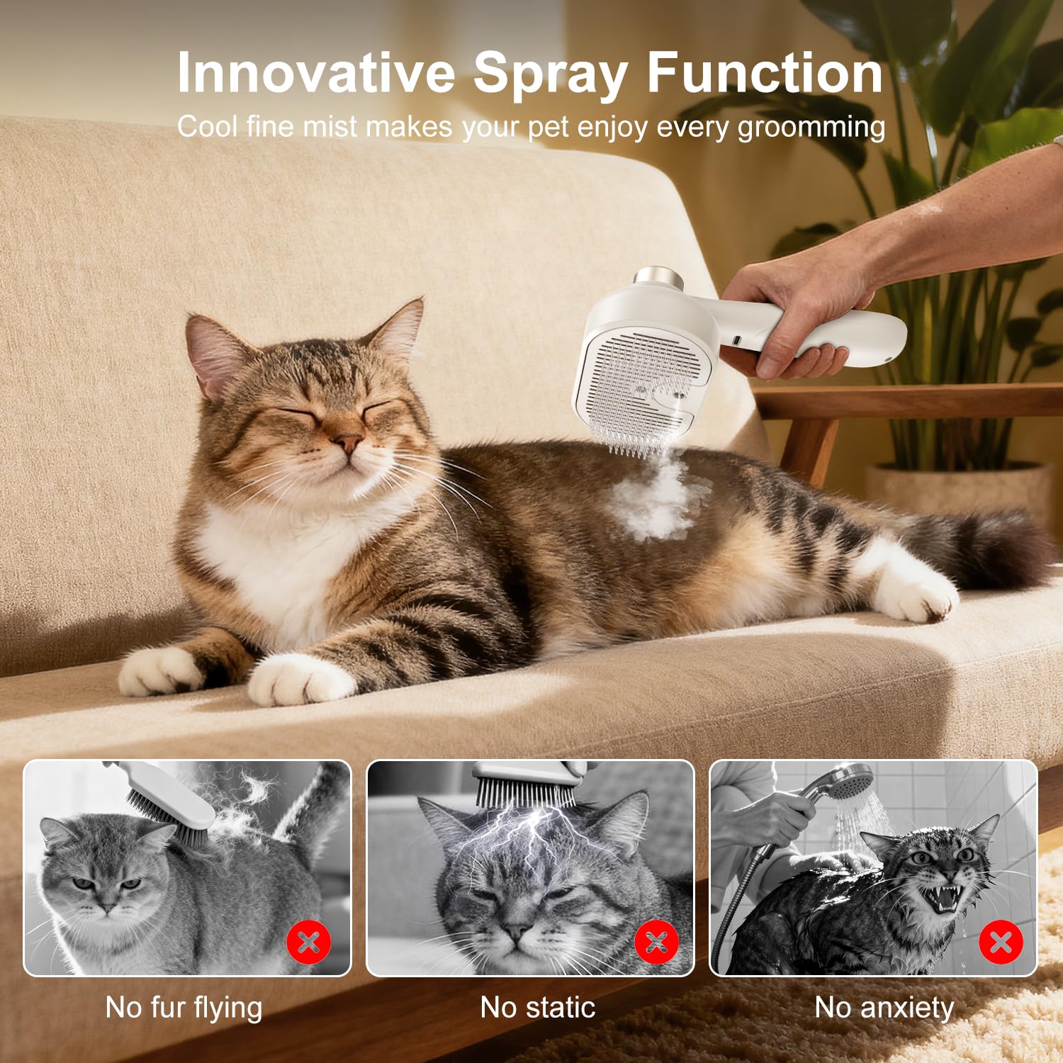 MRSDAYU cat steam brush spray function delivers a cool mist for calmer grooming.
