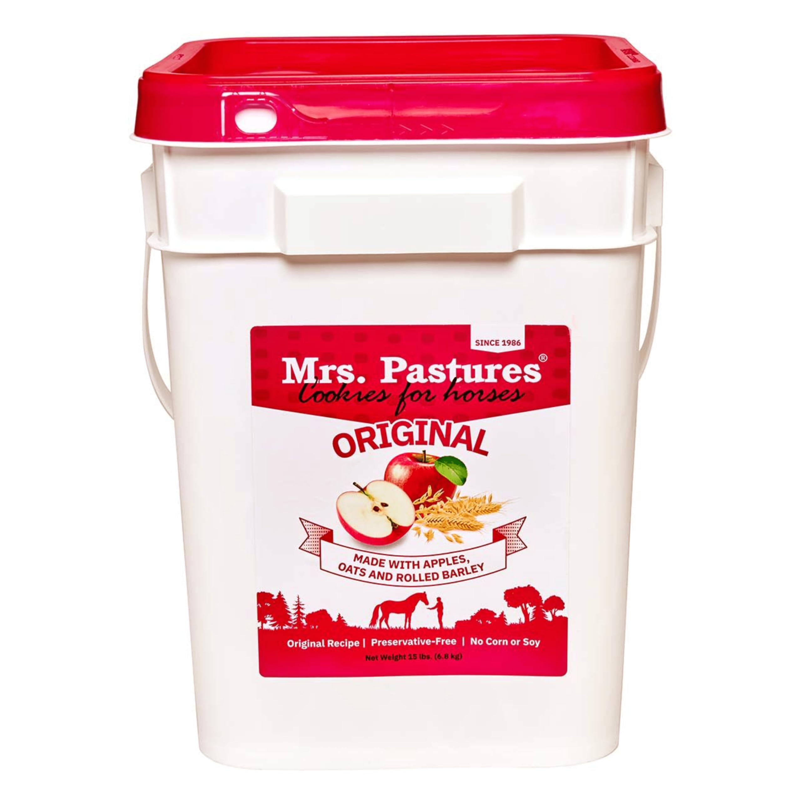 Mrs Pastures cookies for horses in a bucket: easy, portable rewards during training.