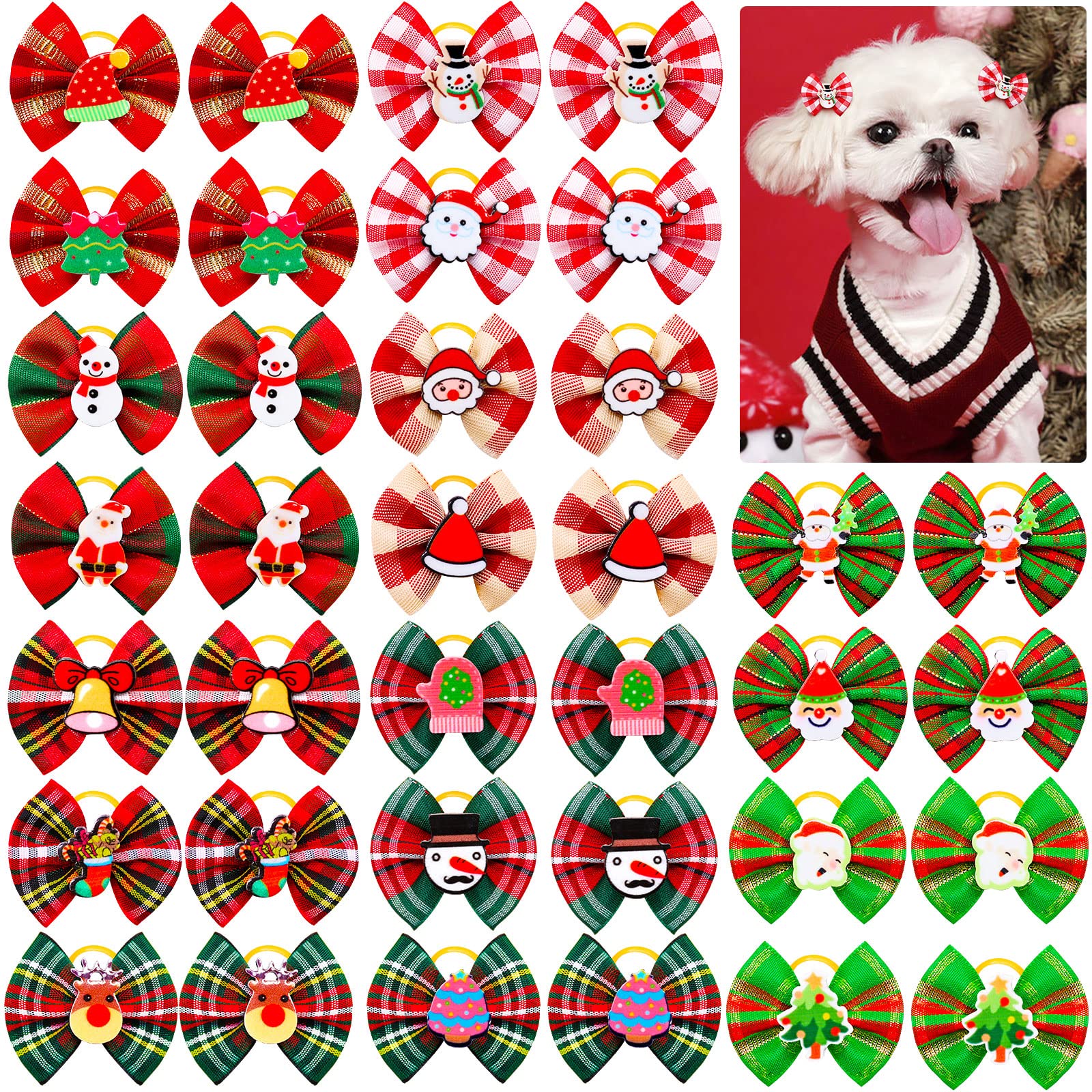 Mruq pet Christmas small dog bows 80pcs in festive patterns for stylish holiday photos.