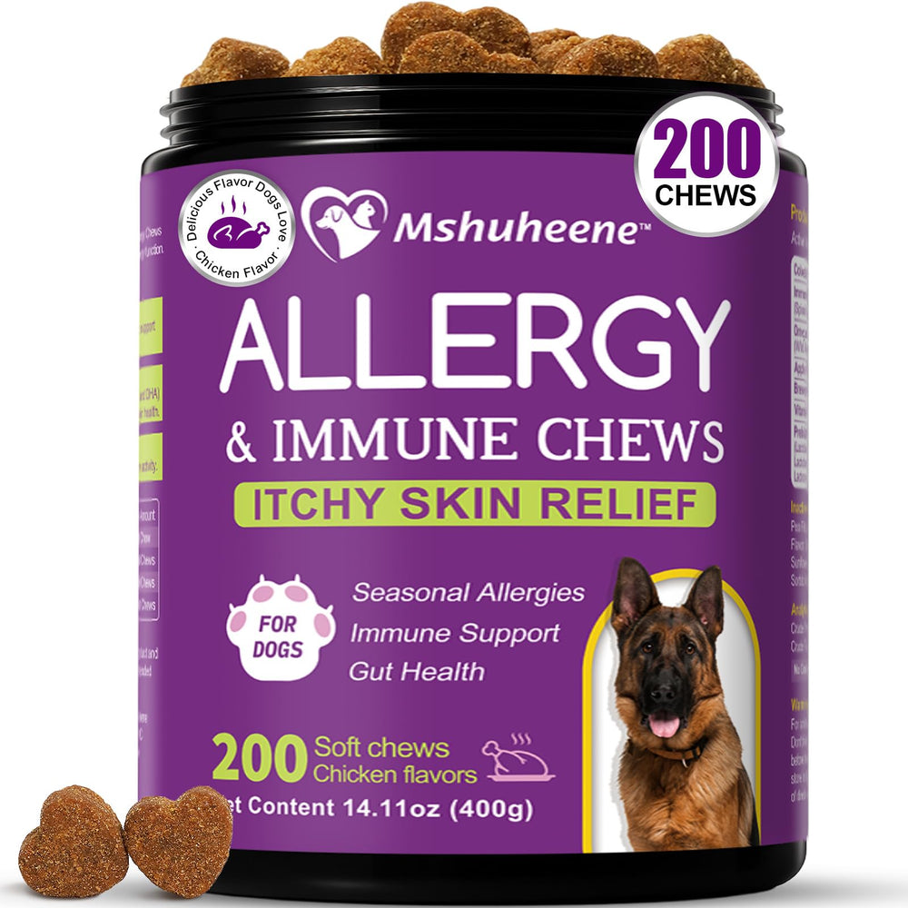 Mshuheene Dog Allergy Chews bottle-cap image shows 200-count supply for ongoing allergy support.