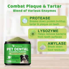 Mshuheene dog dental powder scoop shows easy dosing for daily use.