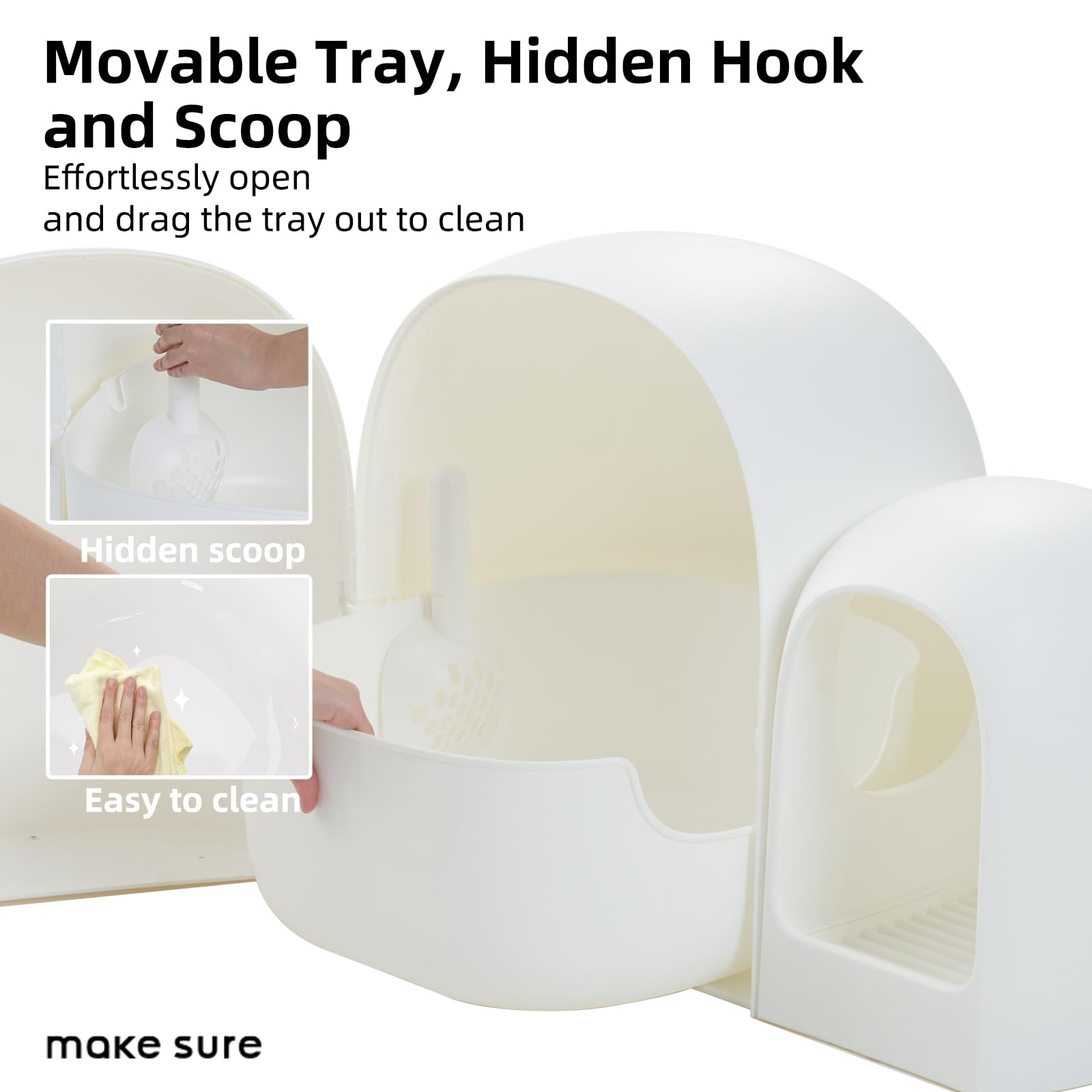 MS!MAKE SURE Snow White litter box closed design aids odor control and cleanliness.