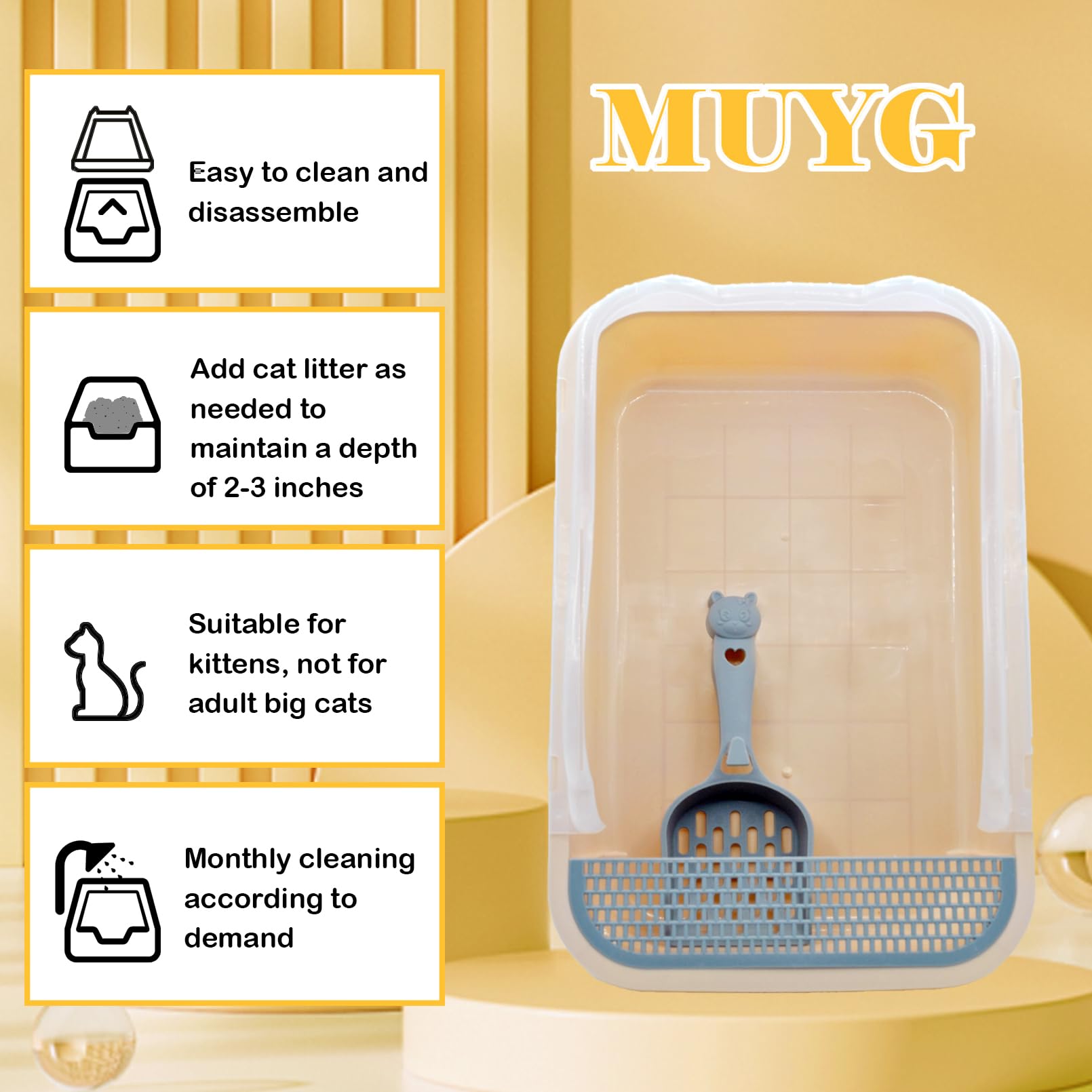 MUYG removable litter pan with scoop simplifies emptying and cleaning