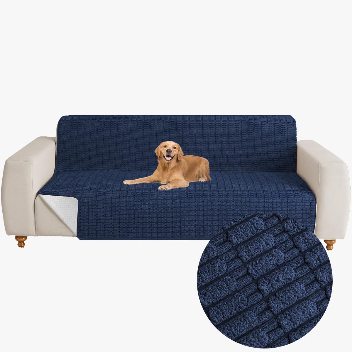 Muamar dog bed cover on sofa protects furniture with durable dark blue fabric.