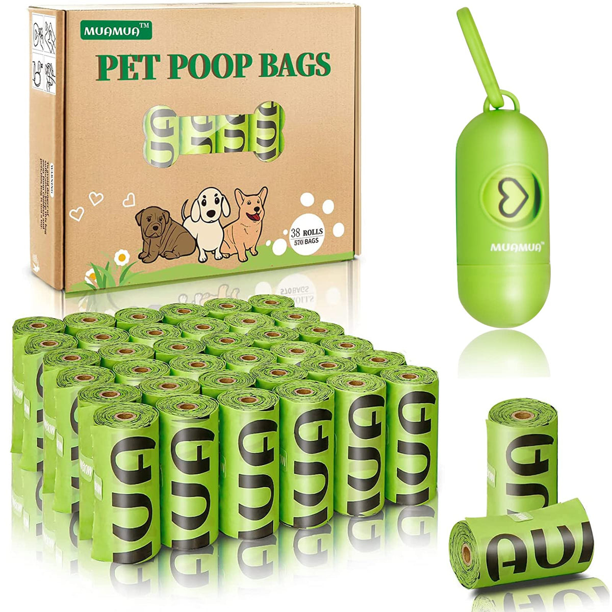 MUAMUA dog poop bag rolls with dispenser for quick cleanup on walks.