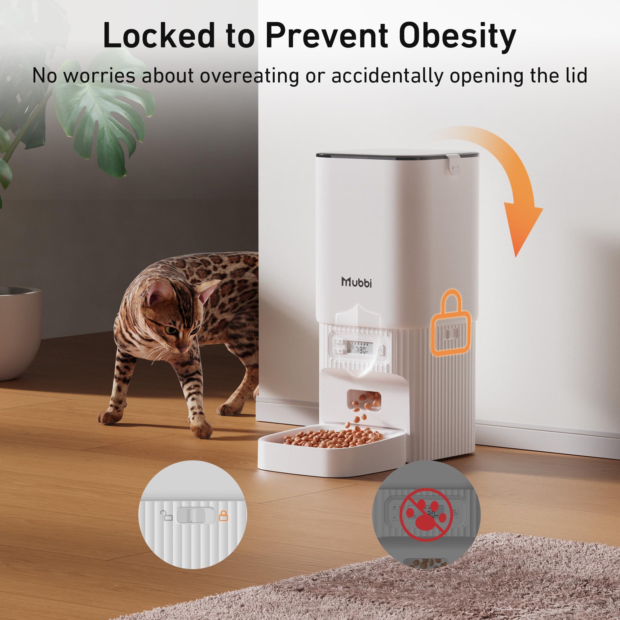 MUBBI triple-lock lid and hopper protect portions from curious pets.