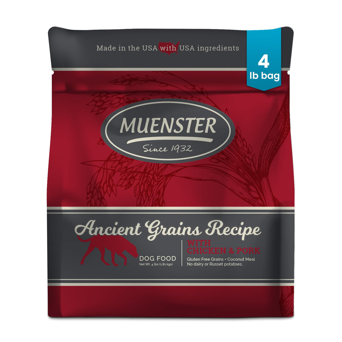 Muenster ancient grains chicken and pork dry dog food in a bowl emphasizing premium ingredients.