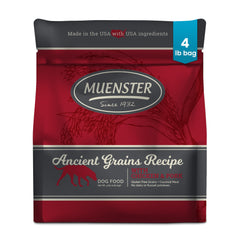 Muenster ancient grains chicken and pork dry dog food in a bowl emphasizing premium ingredients.