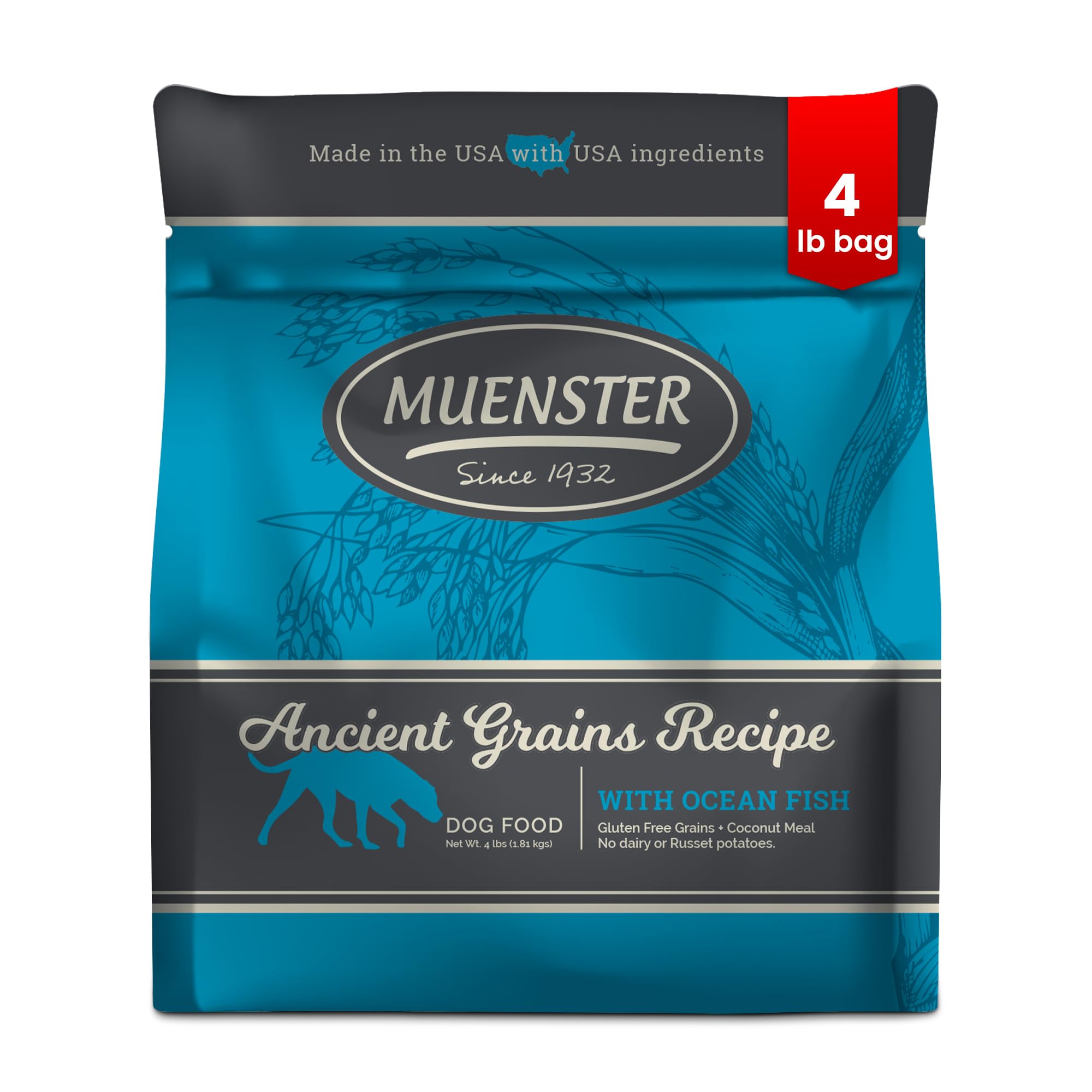 Muenster Ancient Grains Ocean Fish dry dog food bag supports gluten-free high-protein meals for small dogs.