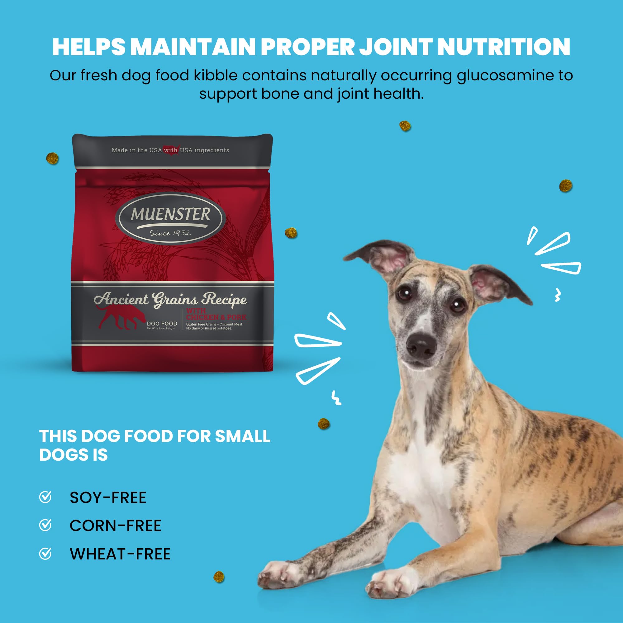 Muenster digestible kibble close-up designed for small mouths and easier chewing.