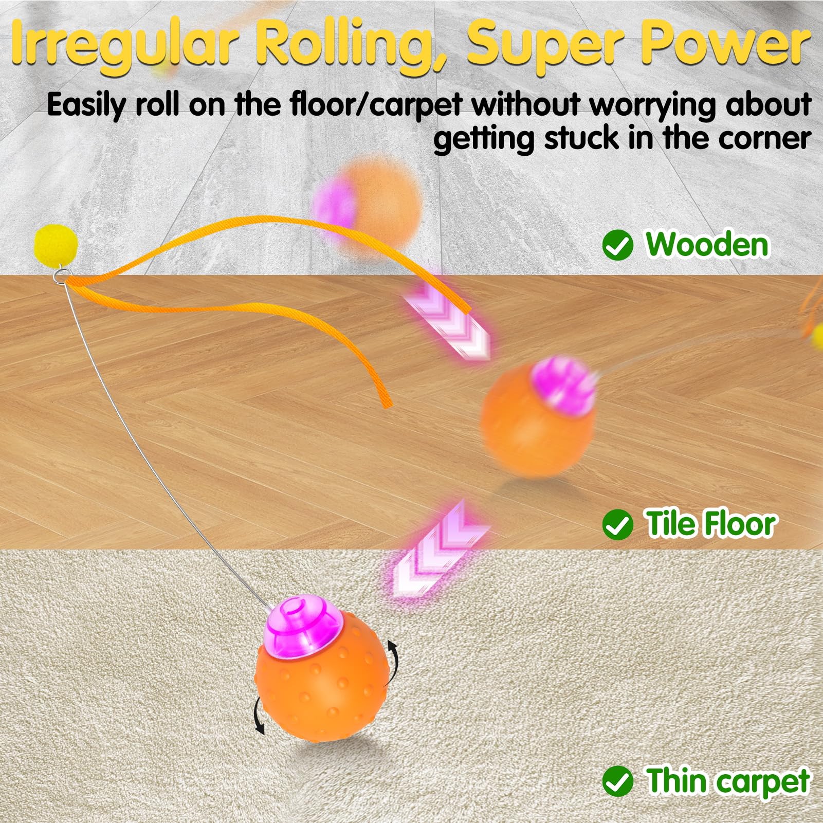 Muhhiba Interactive Cat Toy Ball side view shows motion-activated action engaging curious cats.