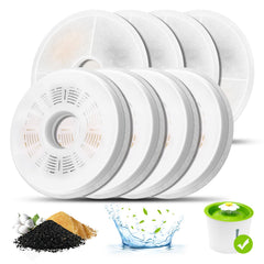 Mukkela cat water fountain filters 8-pack package view demonstrates convenient filtration for clean sipping.