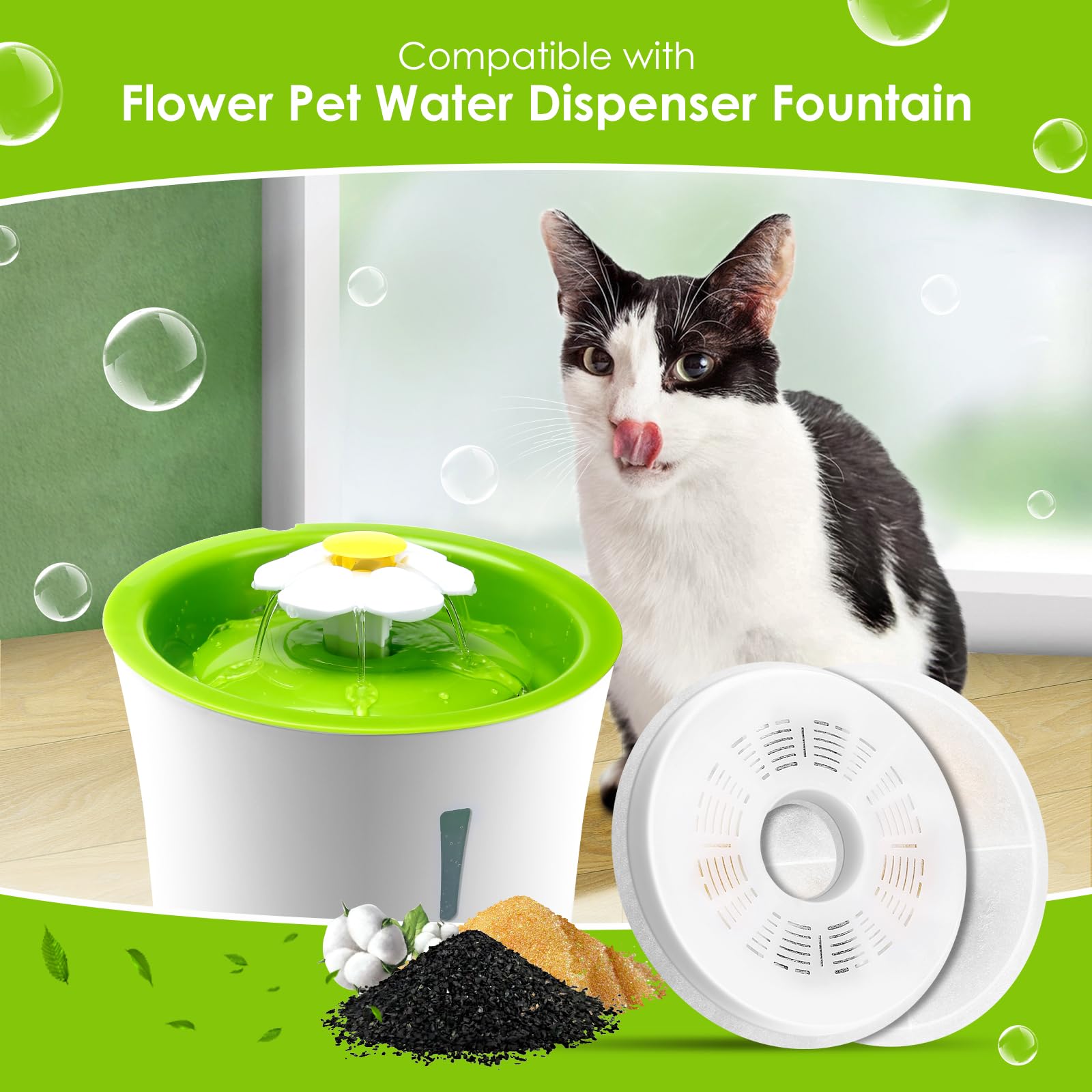 Mukkela cat water fountain filters cotton layer closeup highlights hair and debris capture.