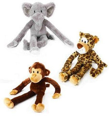 Multipet 22-inch Swingin Safari elephant dog toy with long plush limbs for interactive play.