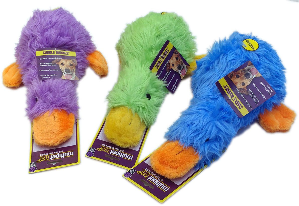 Multipet Duckworth Duck large 13-inch plush squeaky dog toy for fetch and interactive play.