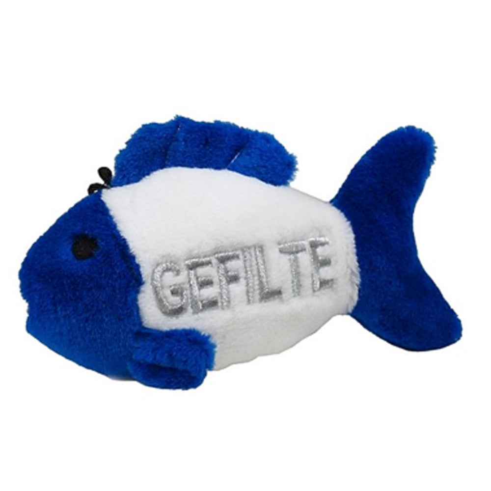 Multipet Gefilte Fish dog toy blue-white closeup showing the squeaker and batteries for lively play