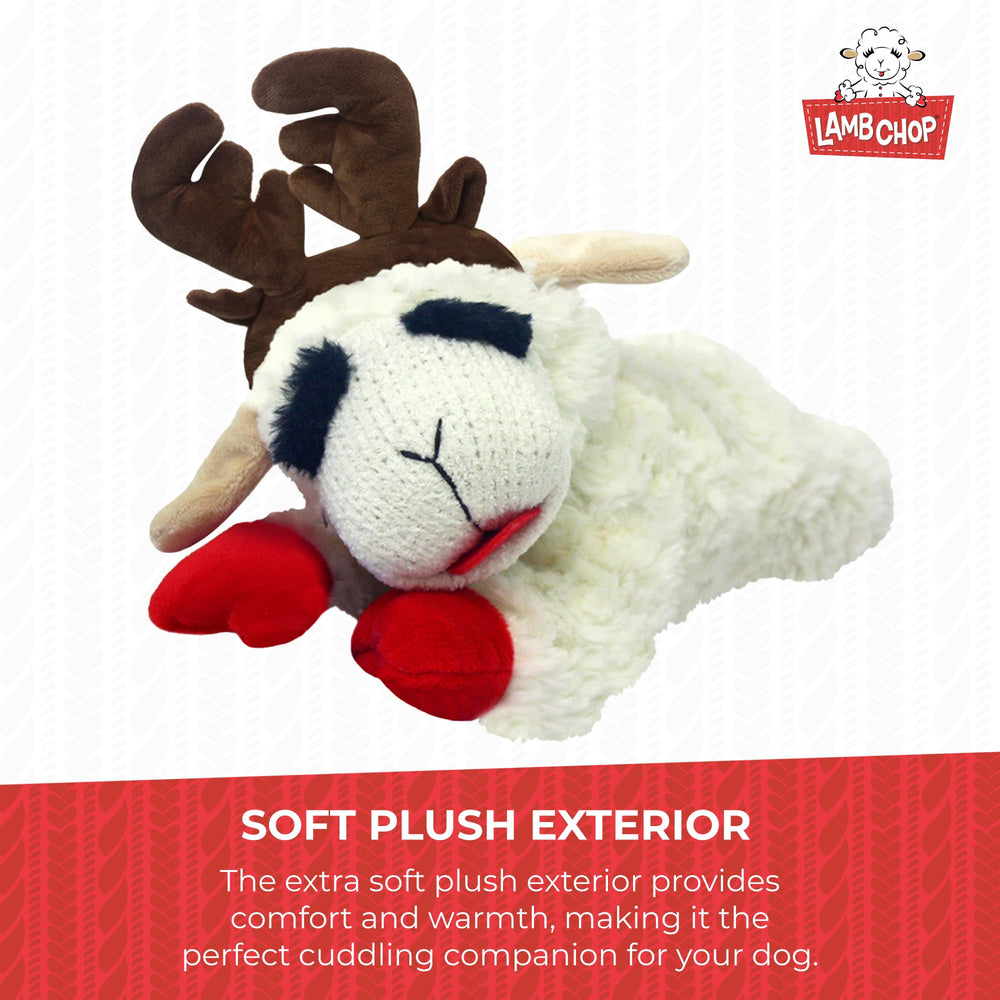 Multipet Lamb Chop dog toy with antlers provides festive seasonal fun.