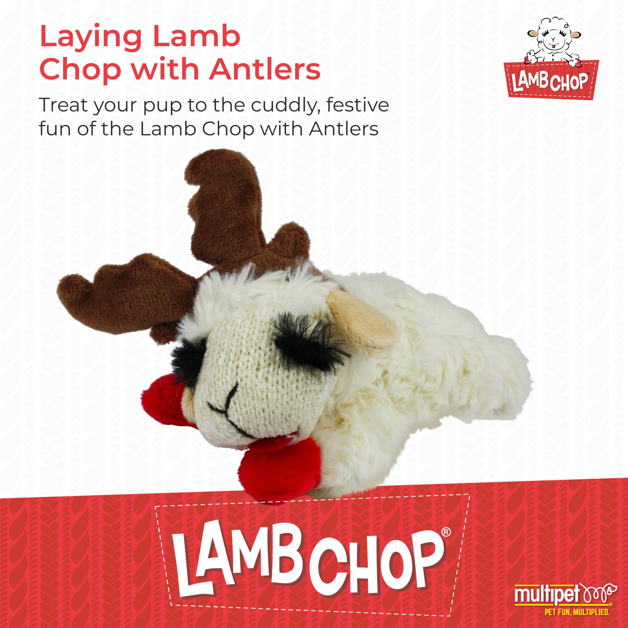 Multipet Lamb Chop with holiday antlers adds festive flair for playful dogs.