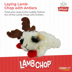 Multipet Lamb Chop with holiday antlers adds festive flair for playful dogs.