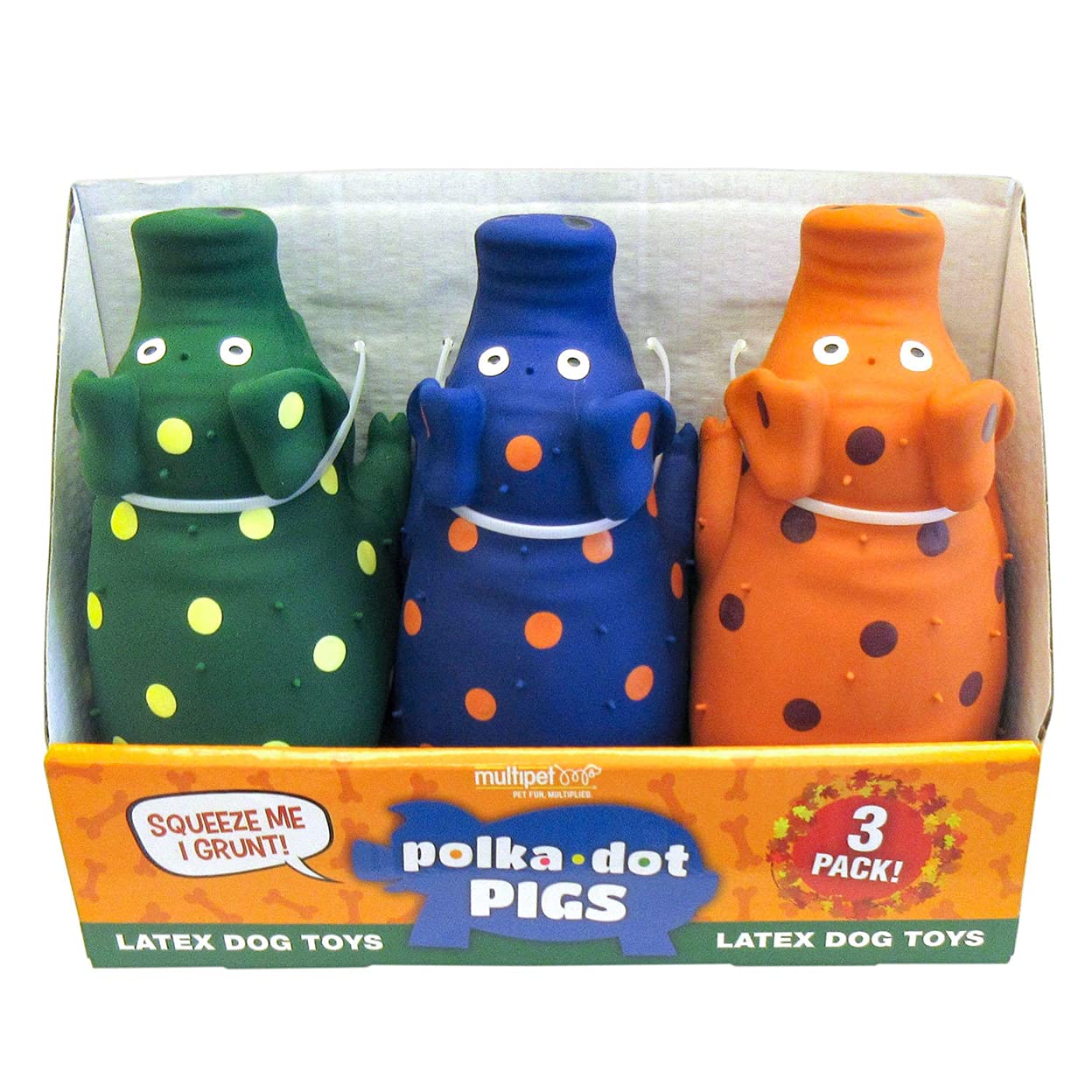 Multipet Polka-Dot Pigs latex dog toy set image 3: vibrant polka-dot pattern for visibility.