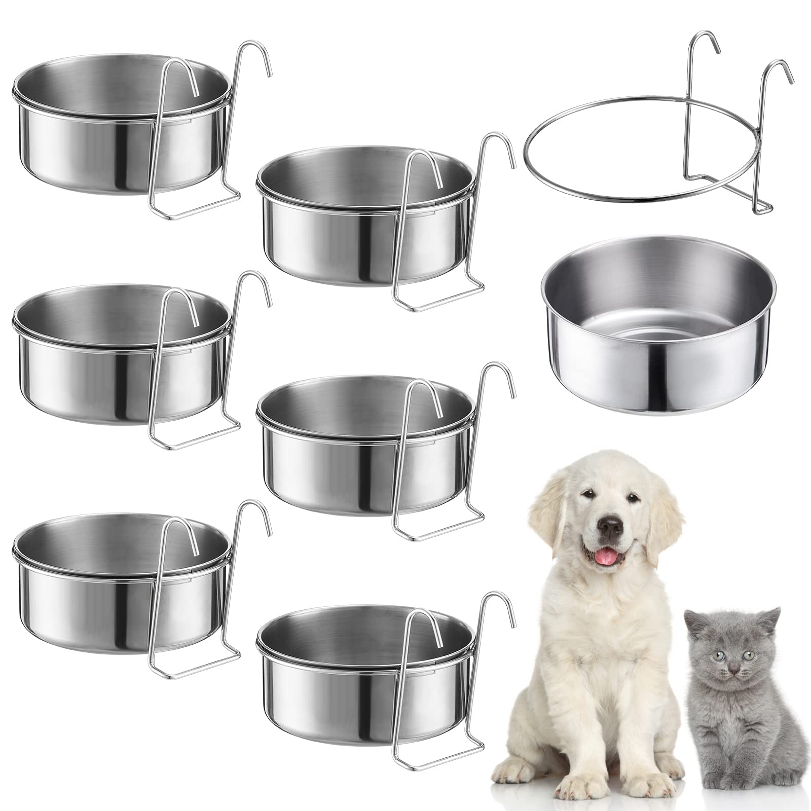 Mumufy 6-piece stainless steel hanging bowls mounted on a crate for mess-free feeding.